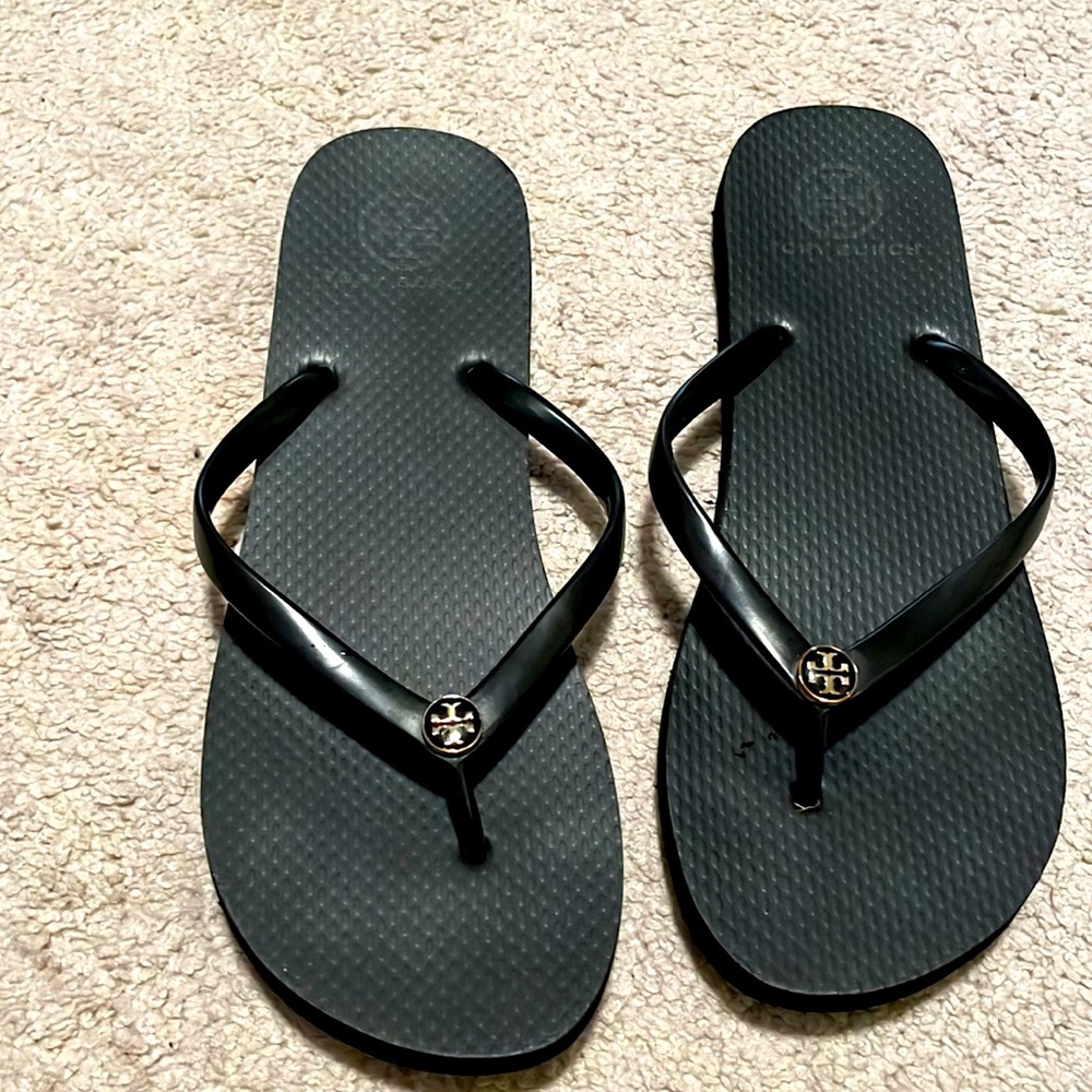 Tory Burch black and gold flip flops